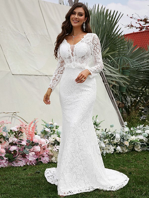 Wholesale Sheath/Column Lace Hand-Made Flower V-neck Long Sleeves Sweep/Brush Train Wedding Dresses